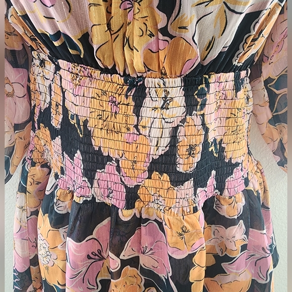 Pink Lilly Fall Floral Off-Shoulder Romper Dress Size Small Black Pink & Orange - Picture 5 of 6